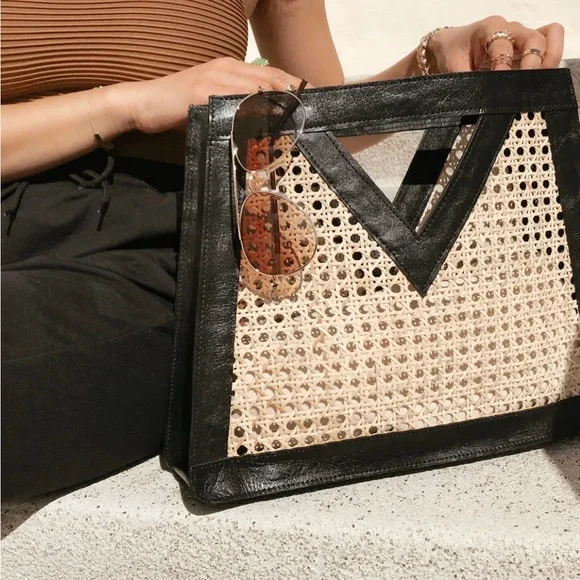 Handcrafted Leather & Rattan Structured Tote | Modern Boho Statement Bag - Picture 8 of 8